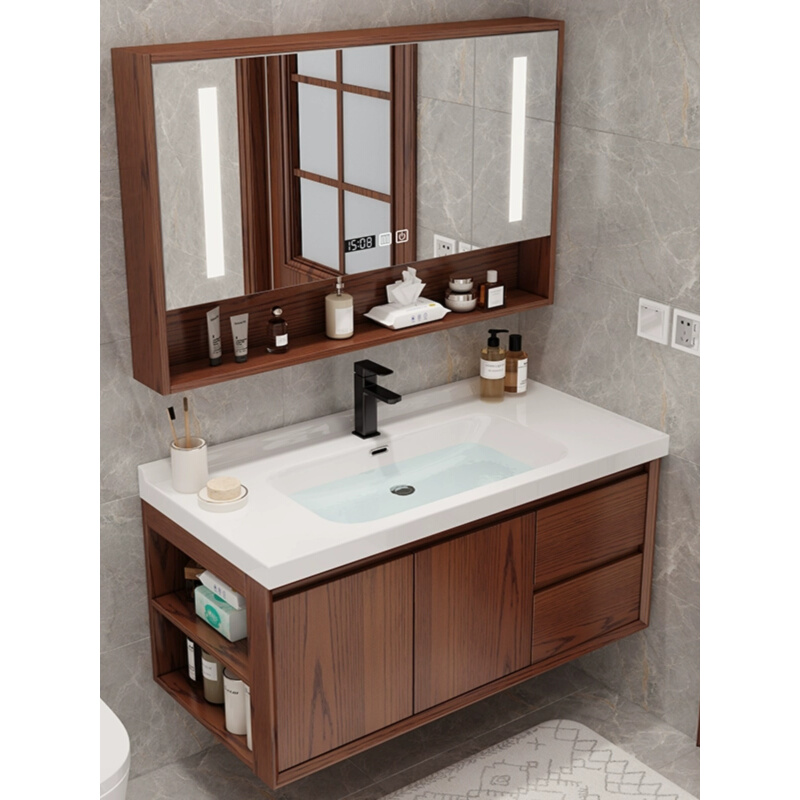 现代新中式岩板浴室柜组合红橡木实木一体陶瓷盆洗漱台洗脸盆柜