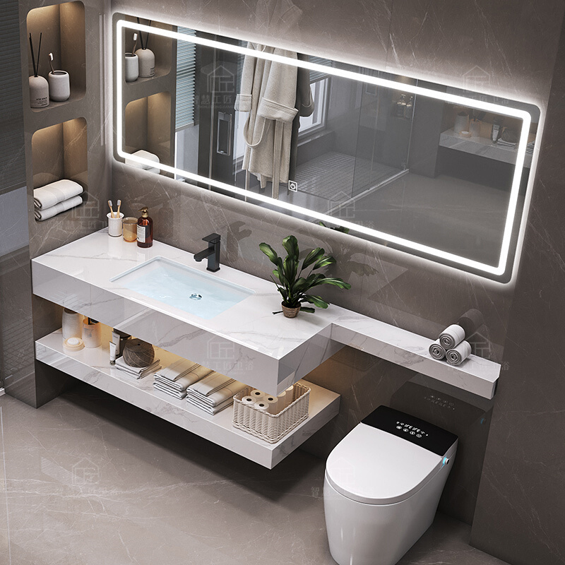 2024新款奶油风浴室柜组合岩板陶瓷一体盆卫生间洗漱台洗手洗脸池