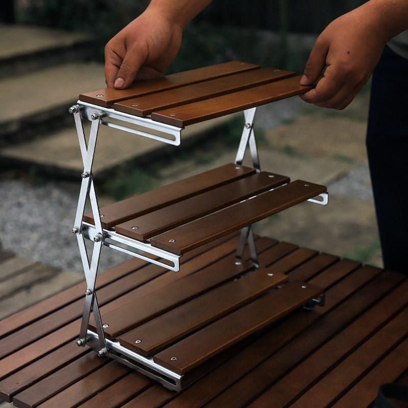 露营桌面折叠置物架便携式实木多层迷你收纳架可多功