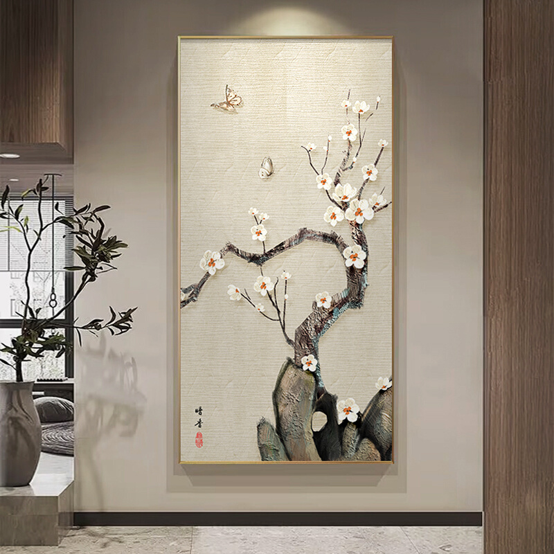 新中式玄关装饰画梅花图挂画走廊过道竖版画客厅入户门大气墙壁画