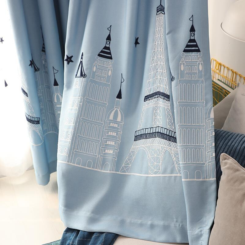 蓝色中地海城堡棉麻绣花飘窗遮光儿童房男孩卧室窗帘成品简约现代
