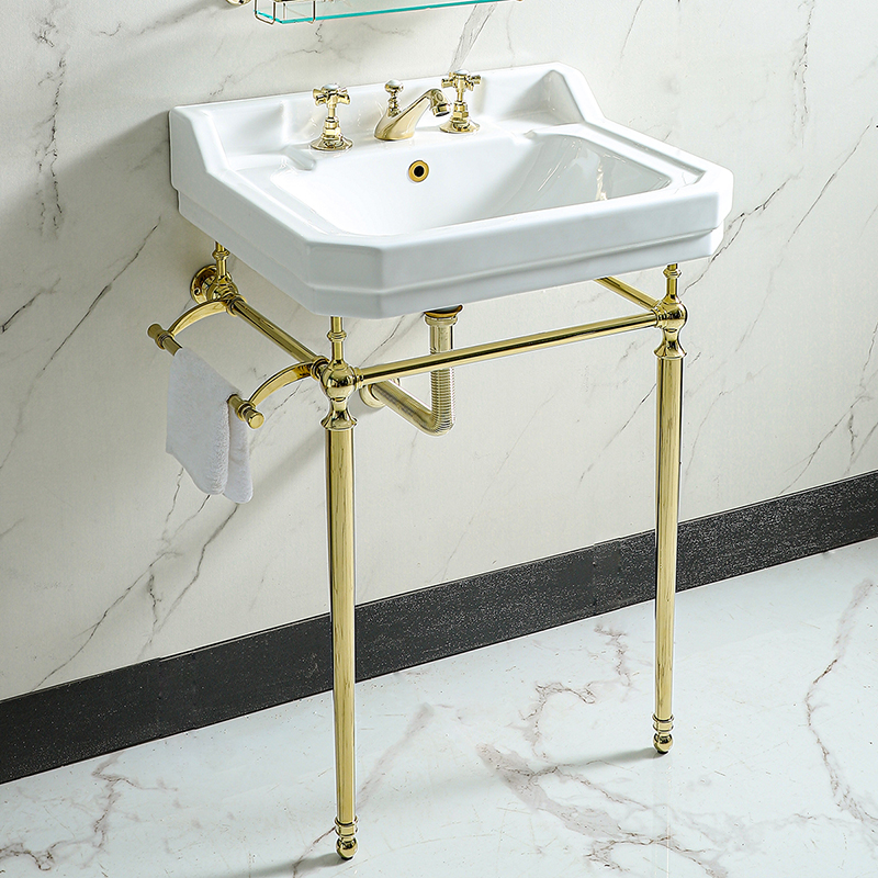 美景复古落地式洗手盆支架金色卫生间阳台洗脸盆浴室柜一体陶瓷盆
