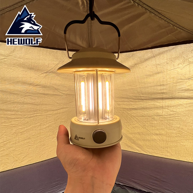 公狼户外便携营地照明灯充电LED帐篷灯手提野营氛围复古露营马灯