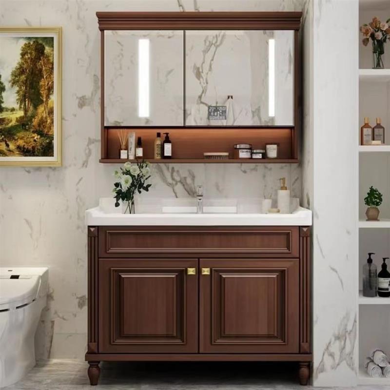 定制美式智能镜浴室柜组合陶瓷一体盆卫生间挂壁式实木洗手洗脸池