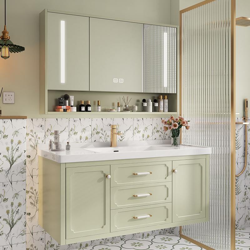 法式智能实木浴室柜组合洗漱台洗手脸池奶油绿卫浴镜柜陶瓷一体盆
