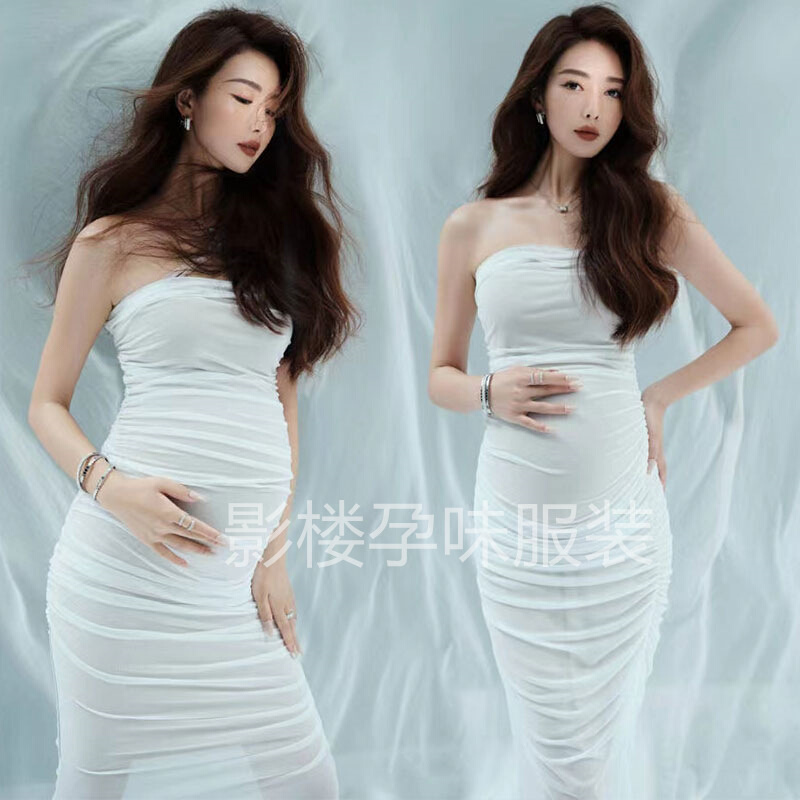 新款影楼孕妇拍照服装孕妈白色性感梦幻紧身抹胸裙艺术感摄影服饰