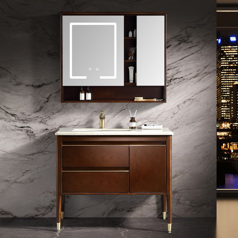 红橡木新中式浴室柜洗手洗脸盆柜组合天然大理石台面智能镜柜大盆
