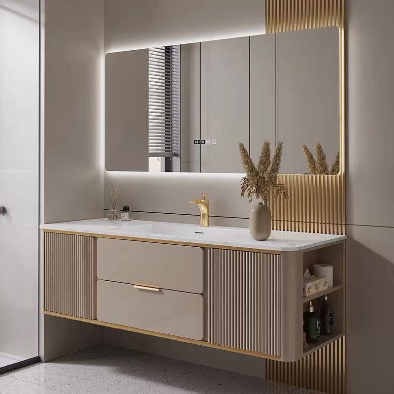 新款岩板意式浴室柜无缝一体浴室柜橡木卫生间卫浴洗手盆柜组合