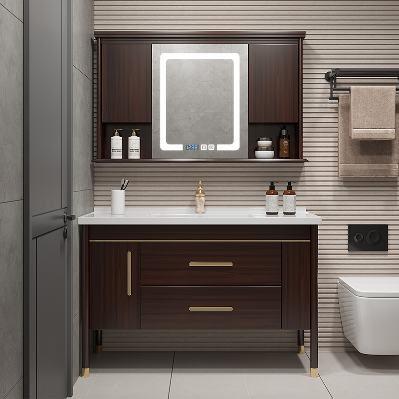 新中式双盆橡木岩板浴室柜智能镜柜组合洗手洗脸面盆卫生间洗漱台