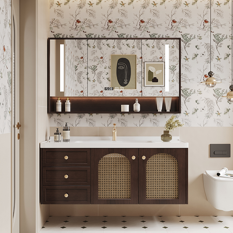 新中式橡木藤编岩板一体陶瓷盆浴室柜组合智能镜洗手洗脸盆洗漱台