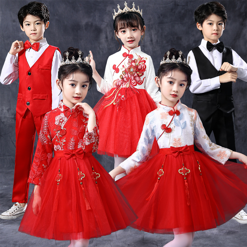 定制元旦儿童大合唱演出服中国风红色公主裙小学生合唱朗诵表演服
