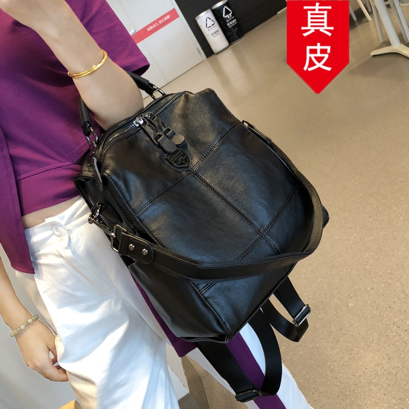 香港代购真皮双肩包女2024新款简约拼接旅行包休闲背包单肩三用包