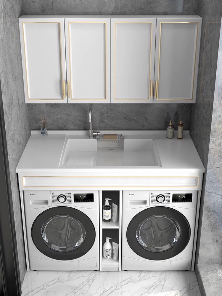 洗衣柜阳台柜太空铝石英石带搓衣板滚筒洗衣机太空铝洗衣盆全铝柜