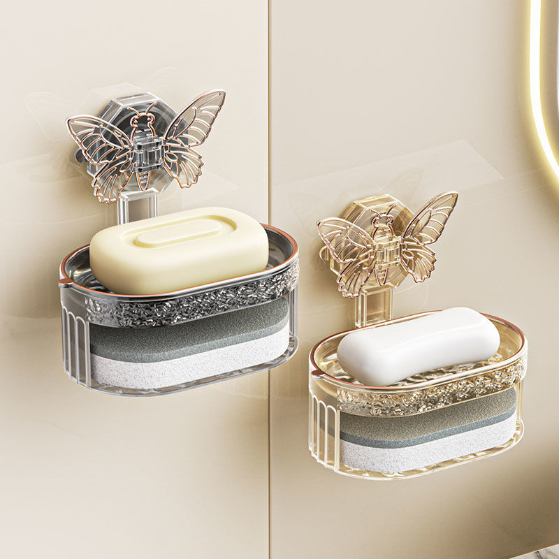 蝴蝶吸盘皂盒家用壁挂式免打孔沥水香皂盒海绵浴室置物架皂架