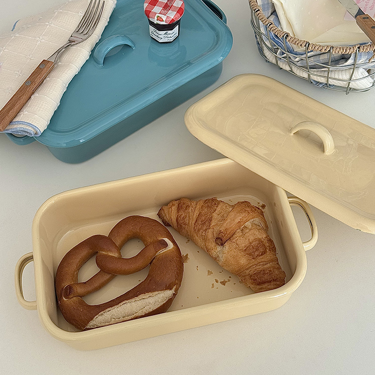 老麦【自制】ins韩式搪瓷复古面包盒烤盘带盖零食饼干盒收纳盒