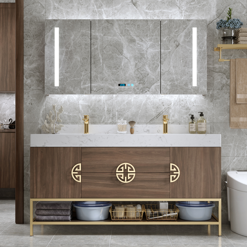 现代轻奢新中式岩板一体浴室柜组合落地式洗脸洗手洗漱台盆卫生间