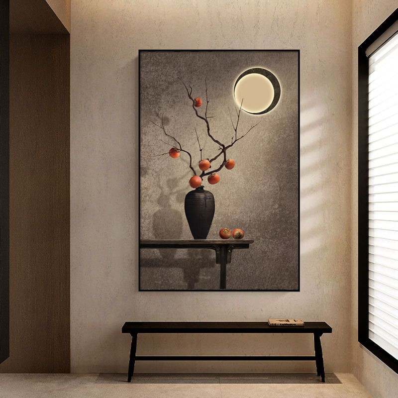 侘寂风玄关装饰画日式高级感入户门柿柿如意客厅沙发落地墙壁挂画