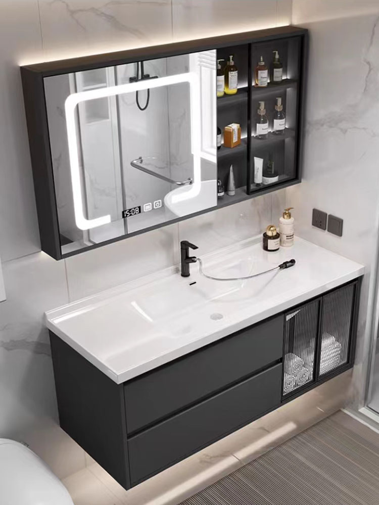 简约现代陶瓷盆智能浴室柜实木面轻奢时尚百搭感应可收纳储物镜柜