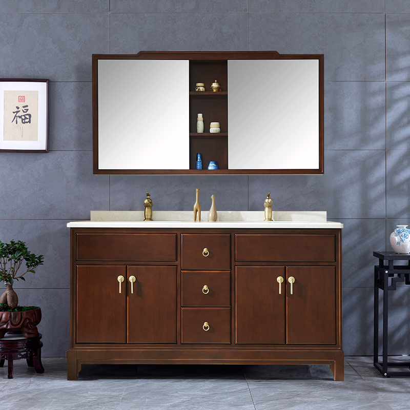 现代新中式实木浴室柜组合双人双台盆卫浴柜洗脸盆柜落地式定制