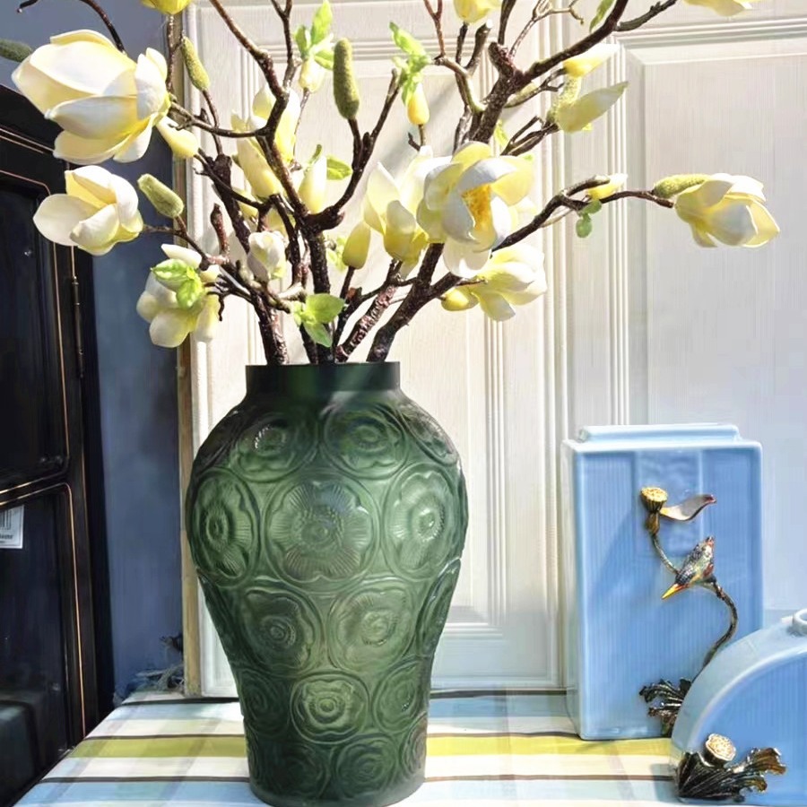 中式复古浮雕花瓶银莲瓶高级感轻奢加厚玻璃花瓶客厅插花艺术摆件