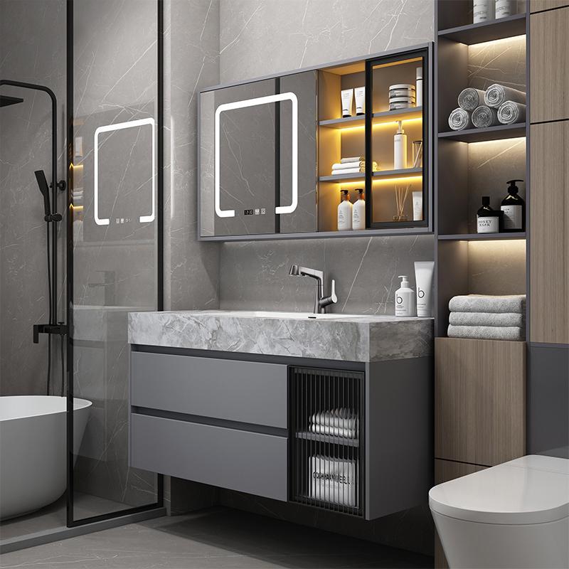 实木多层浴室柜组合智能镜柜卫生间无缝岩板陶瓷洗手盆洗脸盆S433