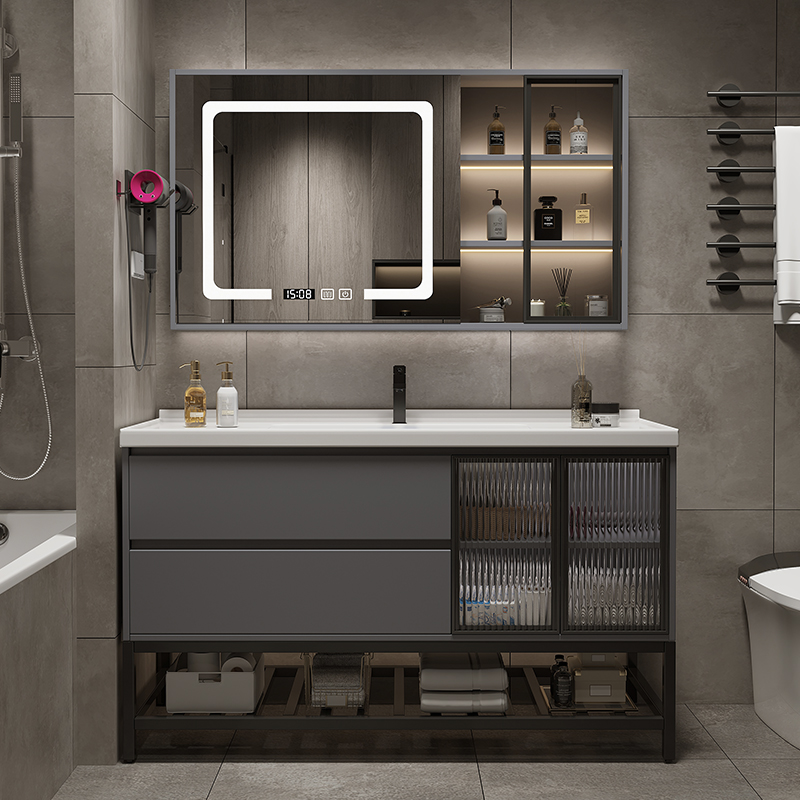 现代简约智能浴室柜玻璃门卫生间洗手盆实木洗脸盆陶瓷一体盆组合