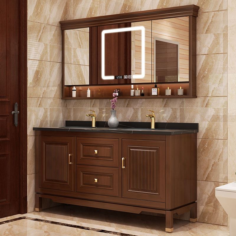 新中式浴室柜组合岩板洗手池洗脸盆柜落地实木卫生间洗漱台柜卫浴