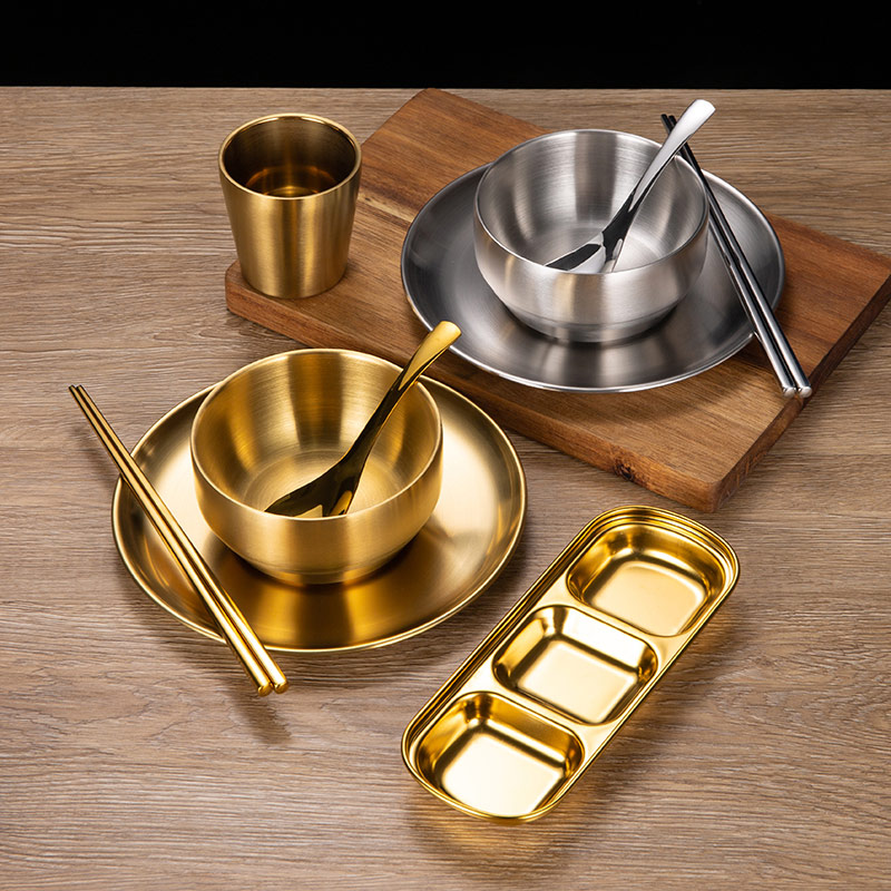 304不锈钢碗筷勺碟杯盘套装米饭碗火锅店餐具商用韩式圆盘金色碗