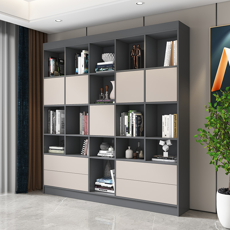 现代书柜一体落地靠墙组合实木展示柜家用客厅书房储物柜子可定制