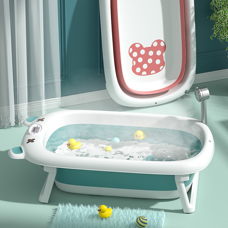 婴儿洗澡盆宝宝浴盆儿童洗澡桶可折叠家用坐躺带温度计感温大浴桶
