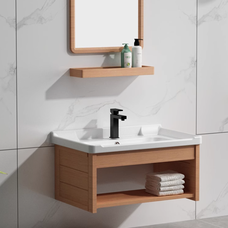 防水洗手盆柜组合柚木色太空铝卫生间挂墙式陶瓷一体卫生间洗手盆