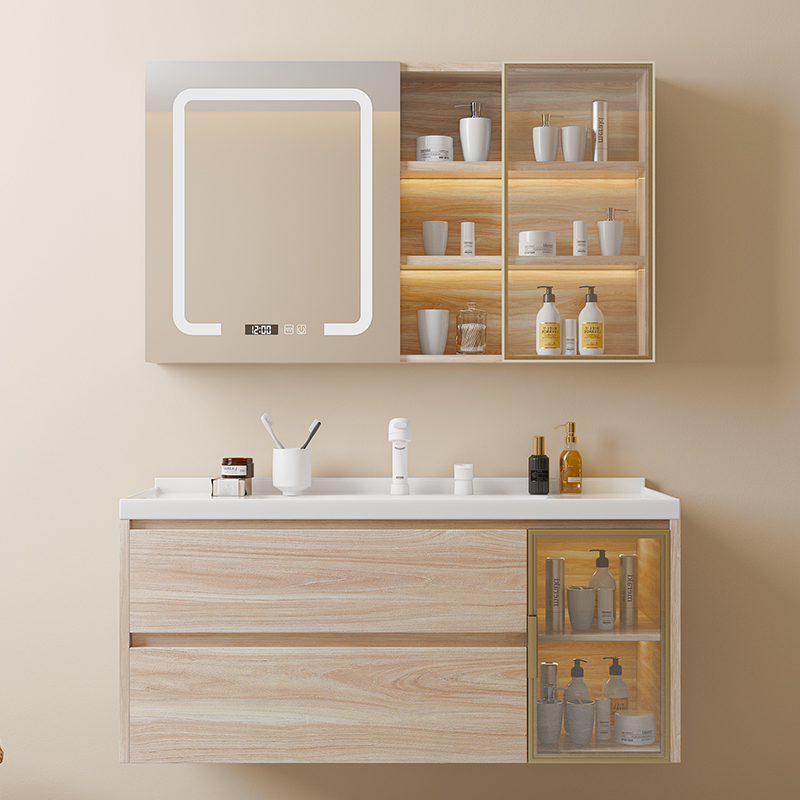日式极简原木色浴室柜组合卫生间一体陶瓷盆洗脸洗手台盆柜氛围灯