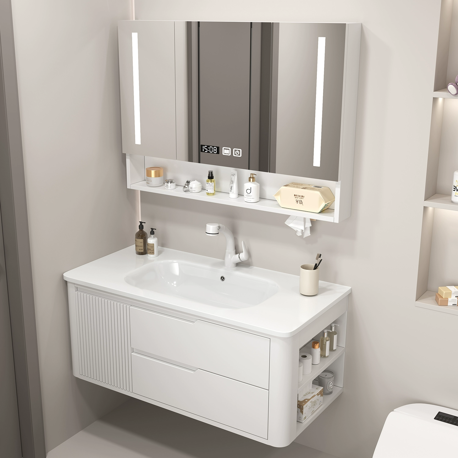 现代简约浴室柜组合卫生间陶瓷一体轻奢实木洗手脸面盆洗漱台套装