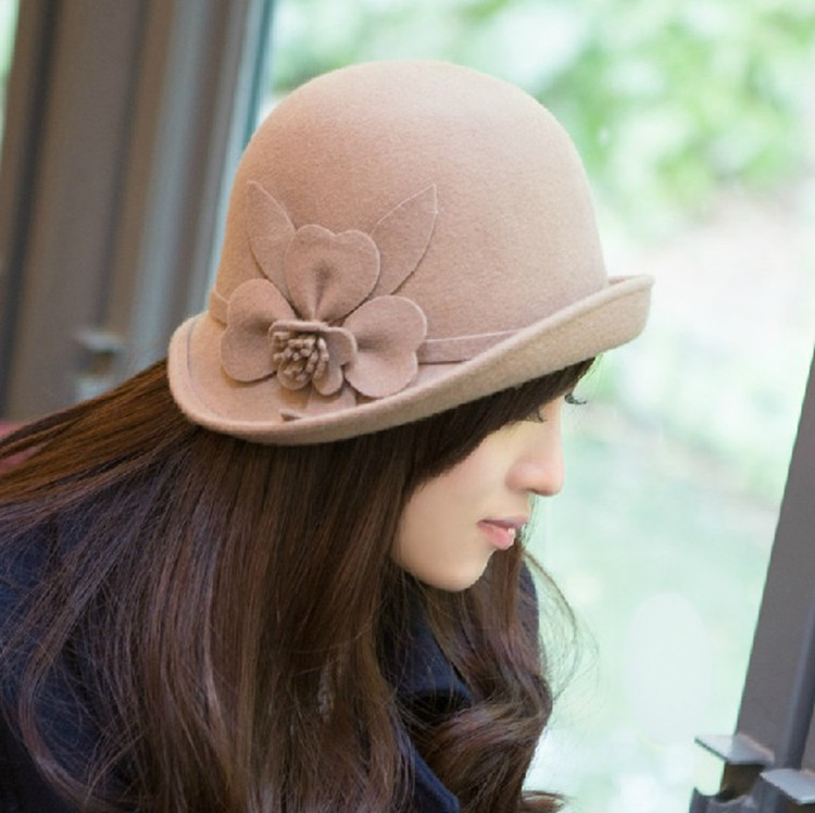 新款韩版女士百搭渔夫帽三叶花朵羊毛呢盆帽 圆顶卷边小礼帽