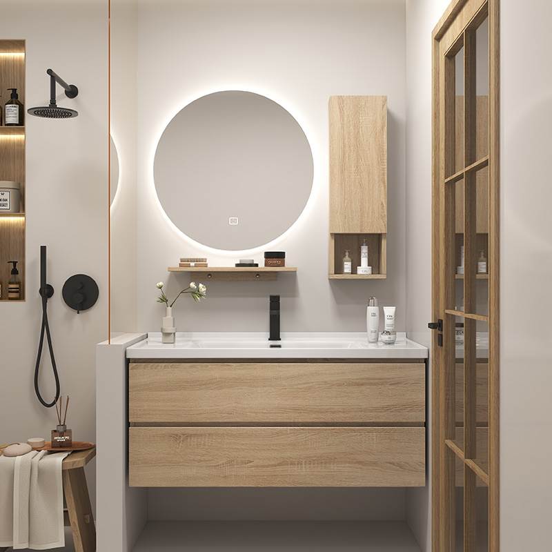 原木色智能浴室柜镜柜组合陶瓷一体盆洗脸盆卫生间洗漱台洗手盆柜