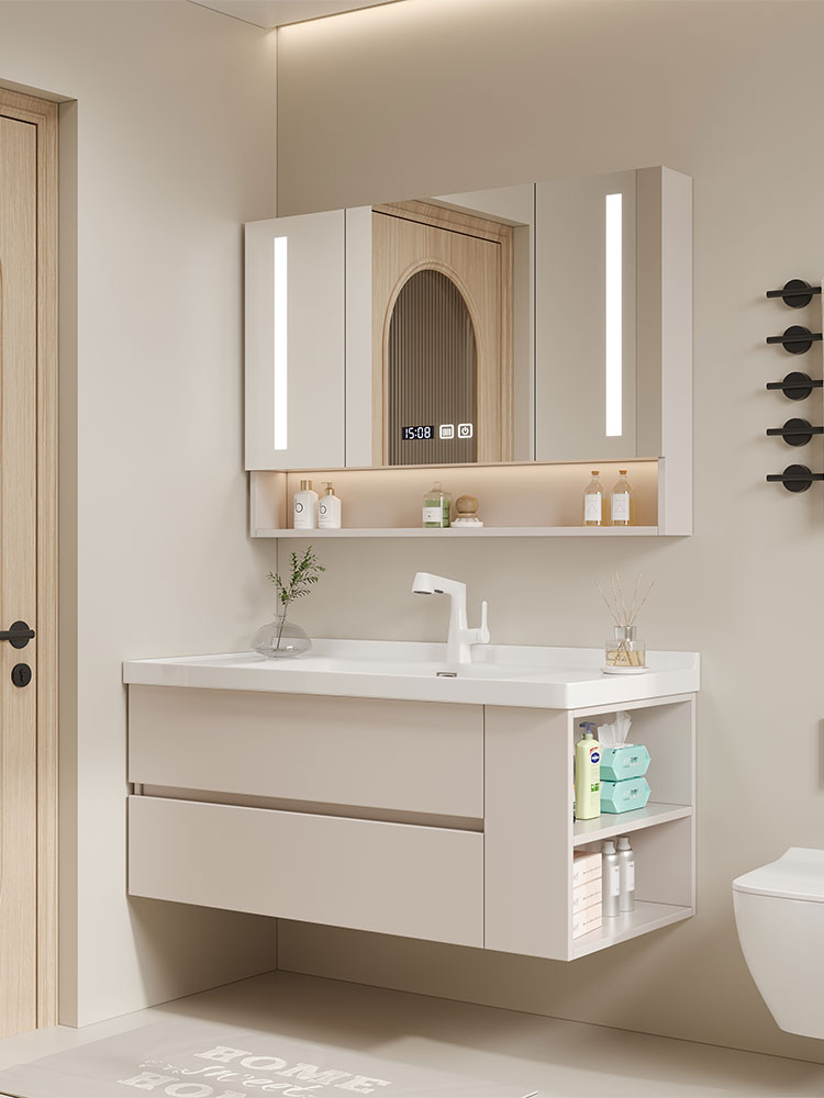 法式奶油风浴室柜镜柜组合简约现代陶瓷一体盆侧边收纳洗脸池手盆