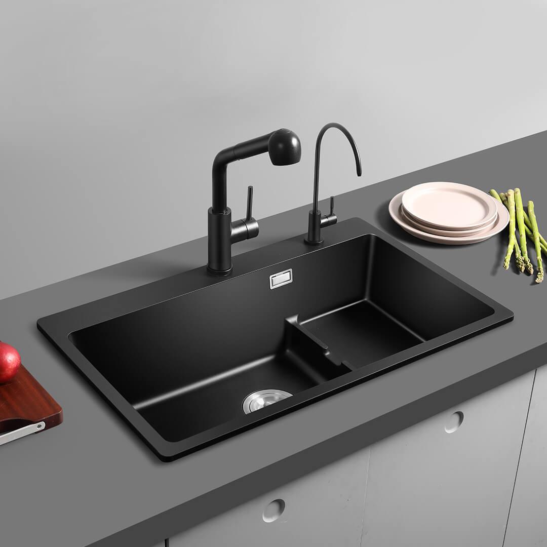 美仕杰阶梯式石英石厨房水槽一体多功能家用黑色大单槽台上洗菜盆