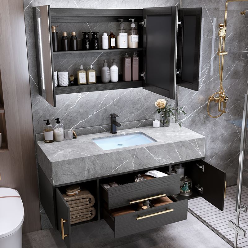 浴室柜洗手洗脸盆组合镜柜简约现代洗漱台卫生间套装轻奢岩板一体