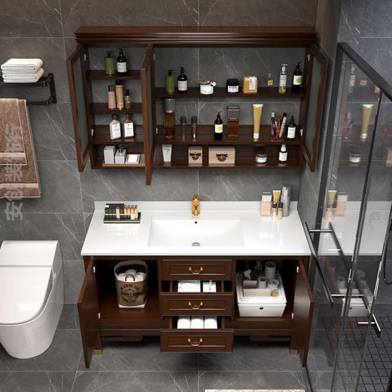 卫生间浴室柜中式组合洗手实木落地一体]洗脸盆洗漱台陶瓷新岩板