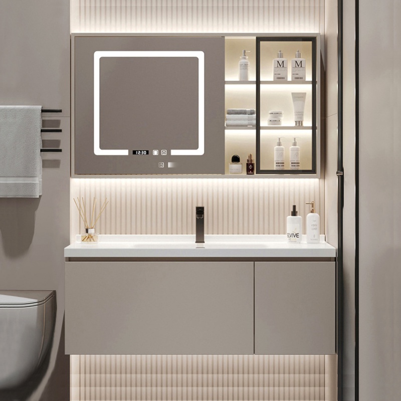 奶白色实木浴室柜组合 奶油风美妆卫浴柜一体陶瓷盆智能镜柜 F106