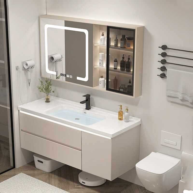 智能浴室柜陶瓷一体盆卫生间一体洗漱台奶油风洗脸盆柜组合