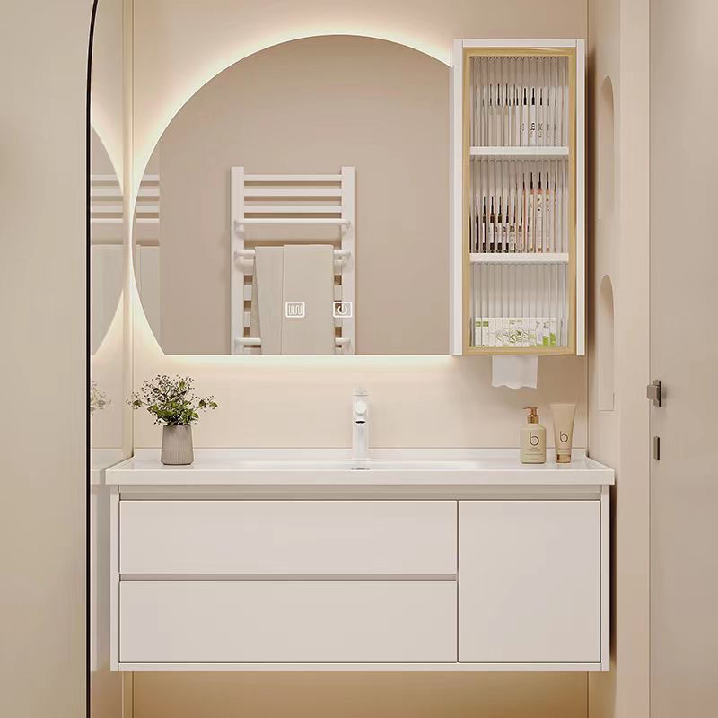 Ts奶油风浴室柜镜柜组合简约陶瓷一体盆洗脸洗手卫生间洗漱台智能