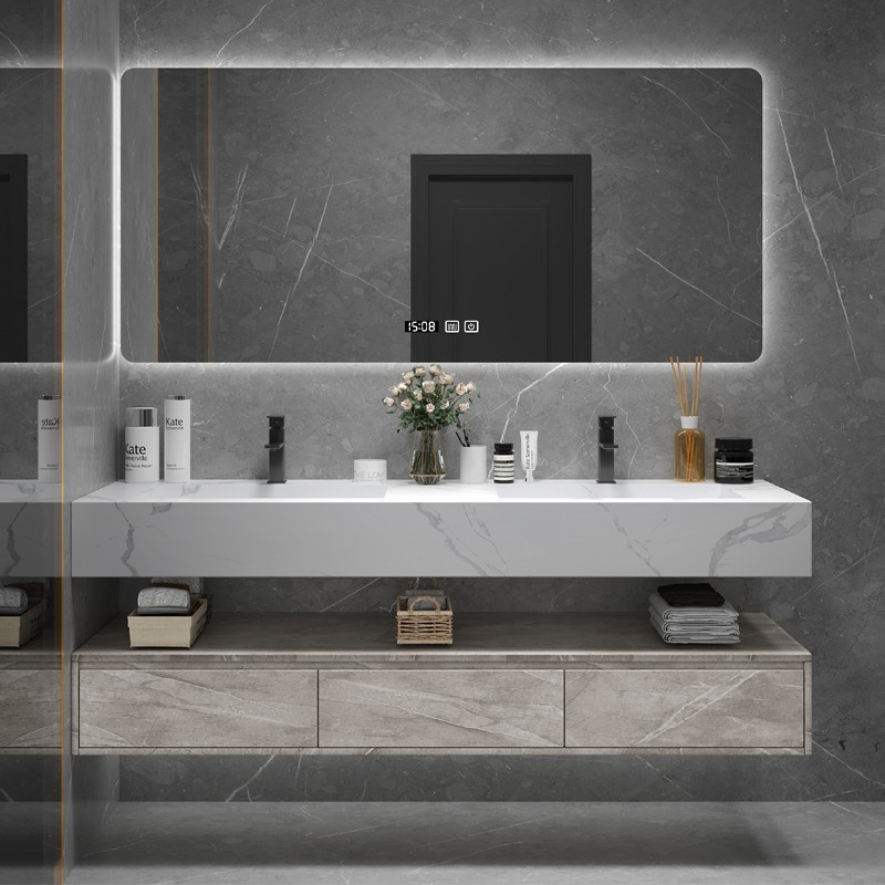 现代简约岩板一体盆智能浴室柜组合卫生间实木洗手洗漱台洗脸双盆