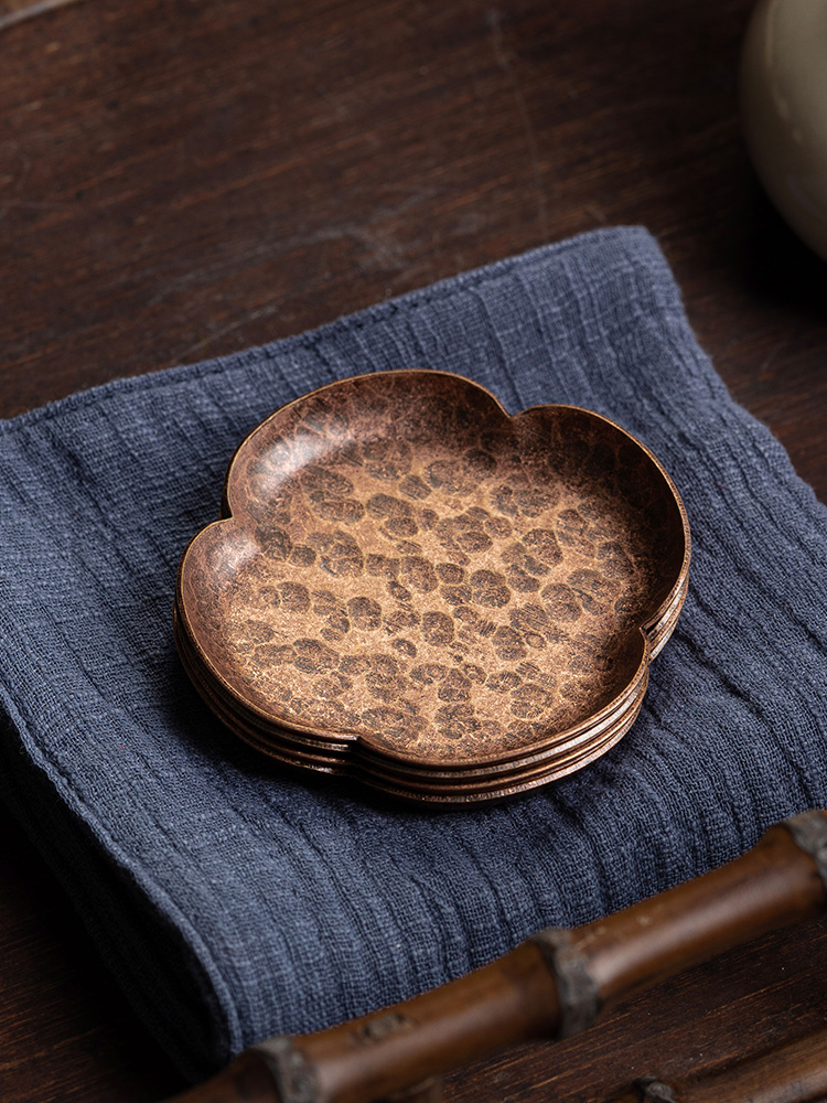 中式家用紫铜杯垫手工锤纹杯托功夫茶具隔热垫茶道配件铜茶托杯碟