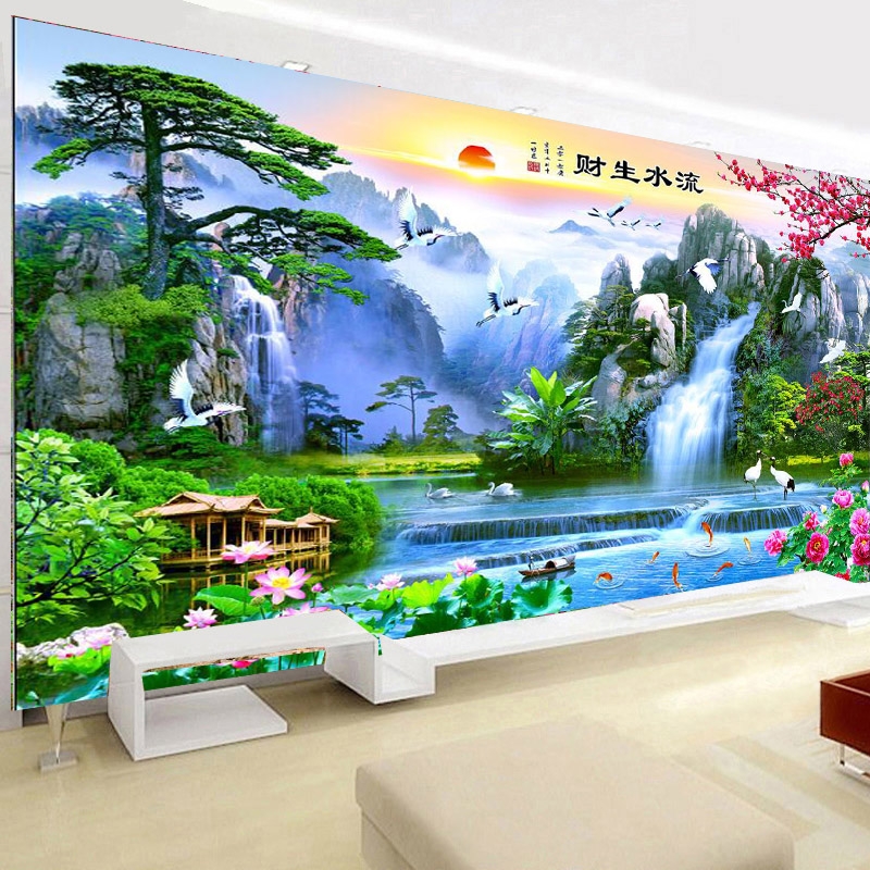 中式山水18d立体浮雕壁画客厅电视背景墙壁纸流水生财5d影视墙布