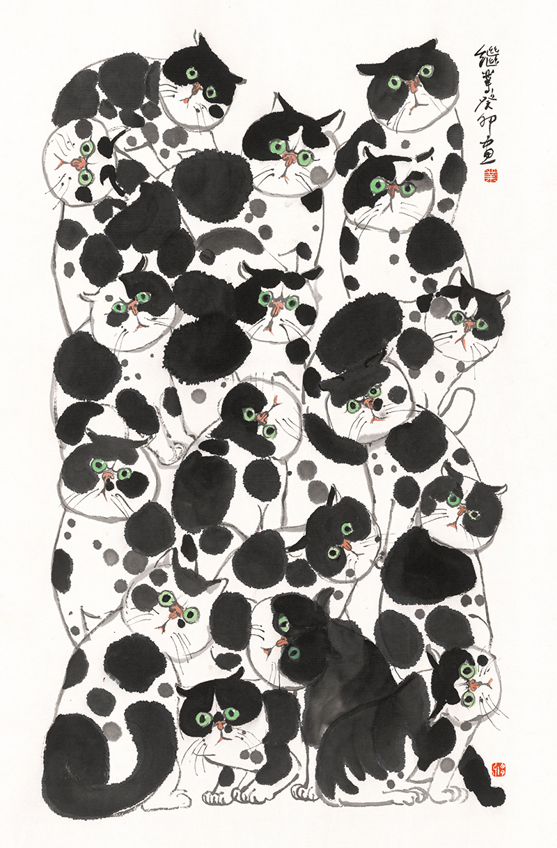 薛继业水墨高精版画画心无框群猫、蓝鲸、桃花坞、红莲