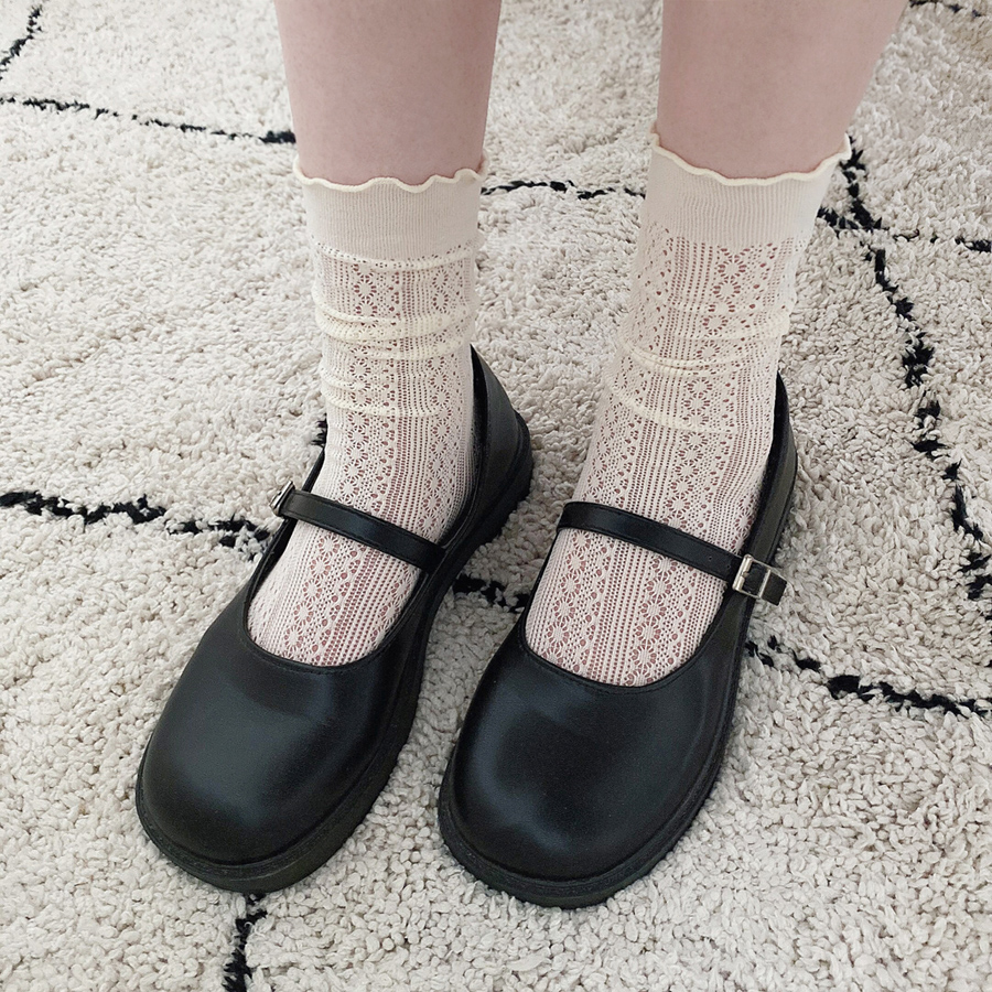 柔软蕾丝袜网袜堆堆袜可爱少女薄竖纹镂空jk袜甜美木耳奶油色短袜