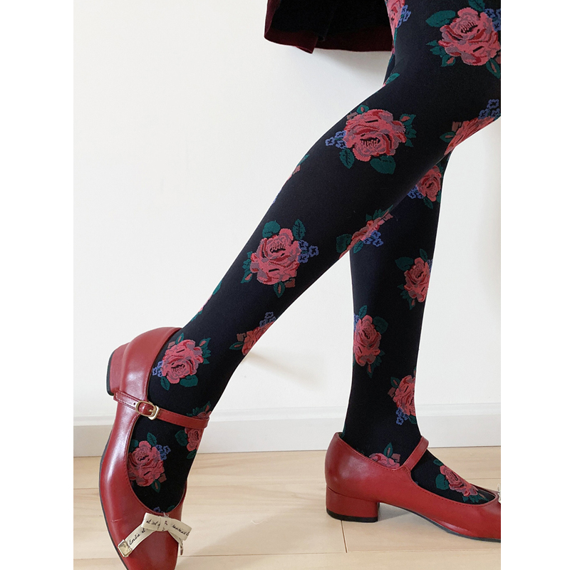 超美玫瑰连裤袜子复古华丽黑色酒红色新年开运旺桃花婚礼打底丝袜