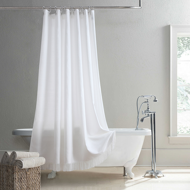 日式白色加厚卫浴防水布防霉涤纶布料可定做流苏斯卡托隔断帘浴帘