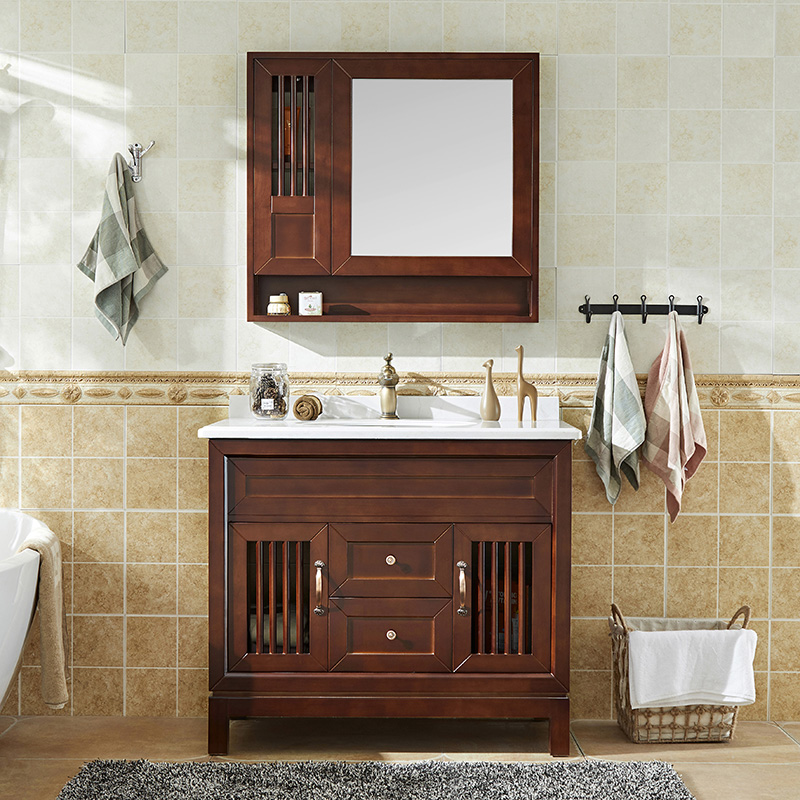 现代新中式浴室柜卫生间洗脸盆柜组合洗漱台落地实木洗手盆柜定制